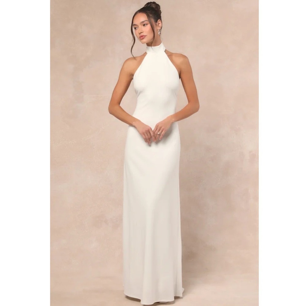 Lulus Alaura White Backless Halter Maxi Dress Open Back Small
